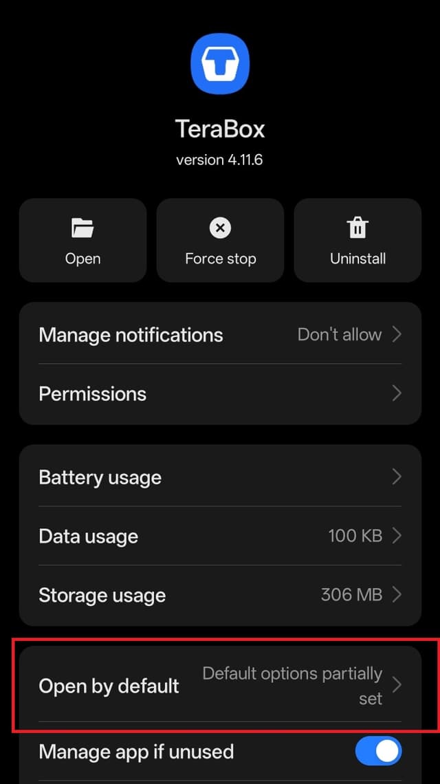 Terabox Open by Default setting